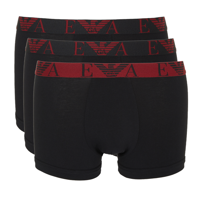 Three boxer trunks with contrasting red branding from Armani