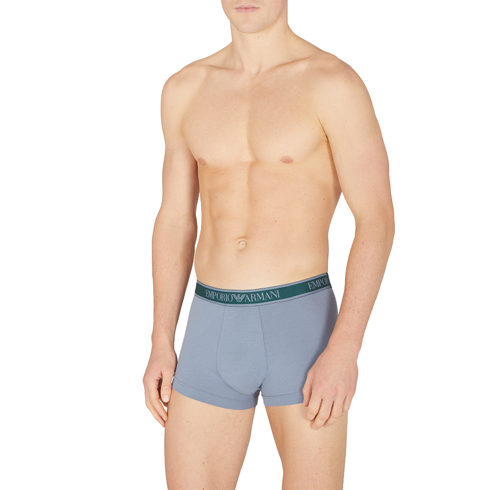 model wearing grey Armani boxer trunks