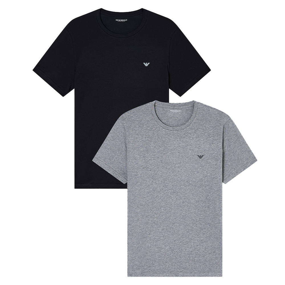 Black and gray t-shirts with a small logo on a white background