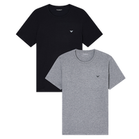 Black and gray t-shirts with a small logo on a white background
