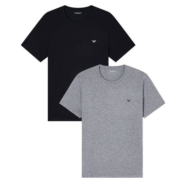 Black and gray t-shirts with a small logo on a white background