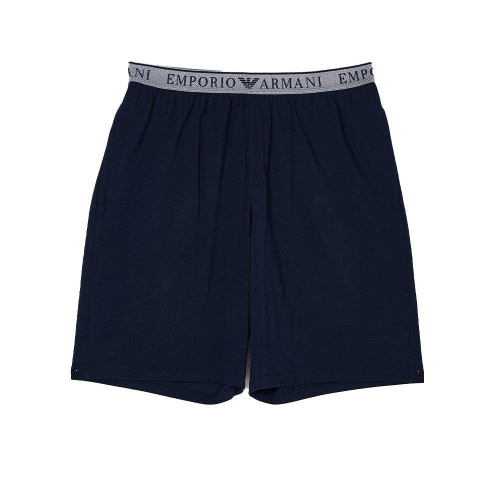 Navy shorts with Emporio Armani waistband on a white background