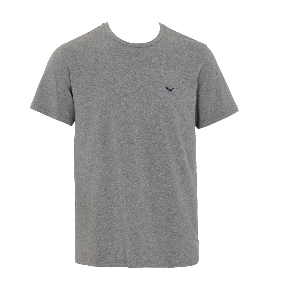 Gray t-shirt with a small logo on a white background