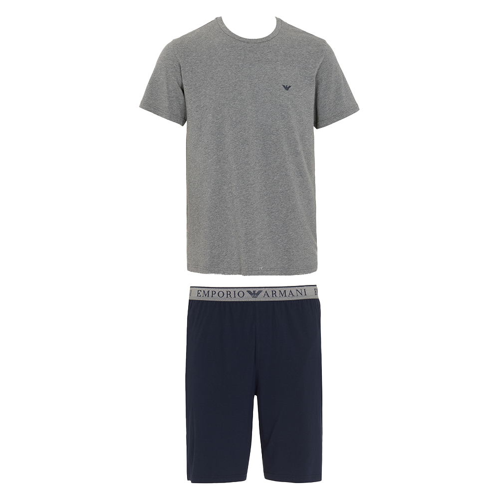 Gray t-shirt and navy shorts set with Emporio Armani logo on a white background