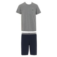 Gray t-shirt and navy shorts set with Emporio Armani logo on a white background