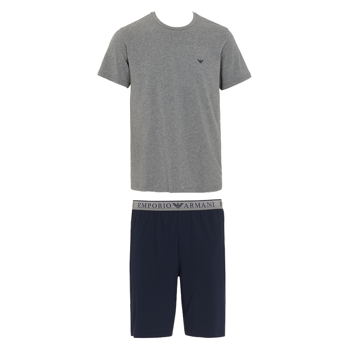 Gray t-shirt and navy shorts set with Emporio Armani logo on a white background