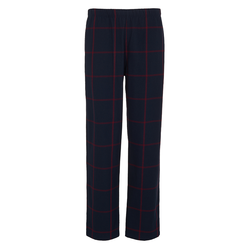 Navy blue pants with red checkered pattern on a white background