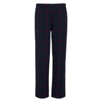 Navy blue pants with red checkered pattern on a white background