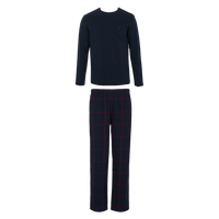 Navy long-sleeve top and checkered pants set on a white background