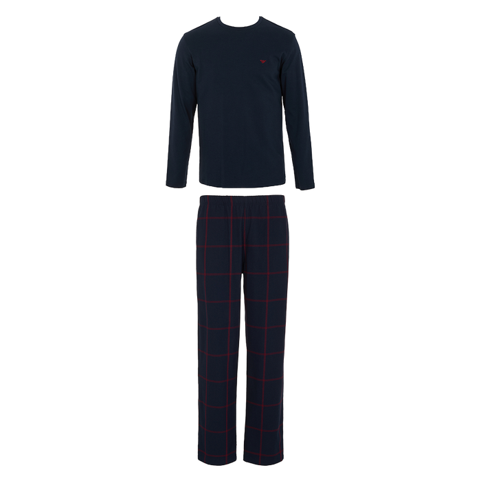 Navy long-sleeve top and checkered pants set on a white background