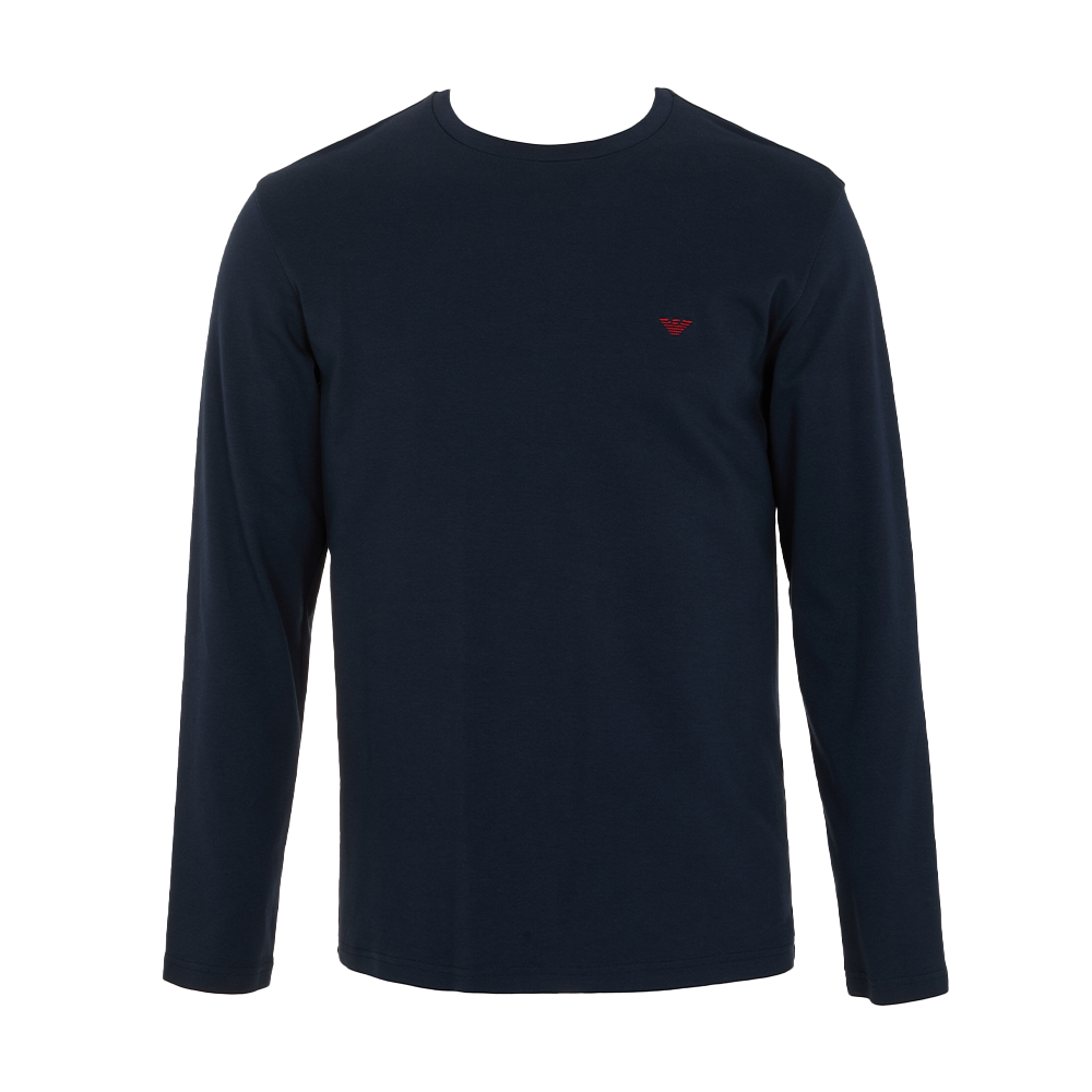 Black long-sleeve shirt with a small red logo on a white background