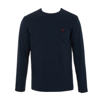 Black long-sleeve shirt with a small red logo on a white background