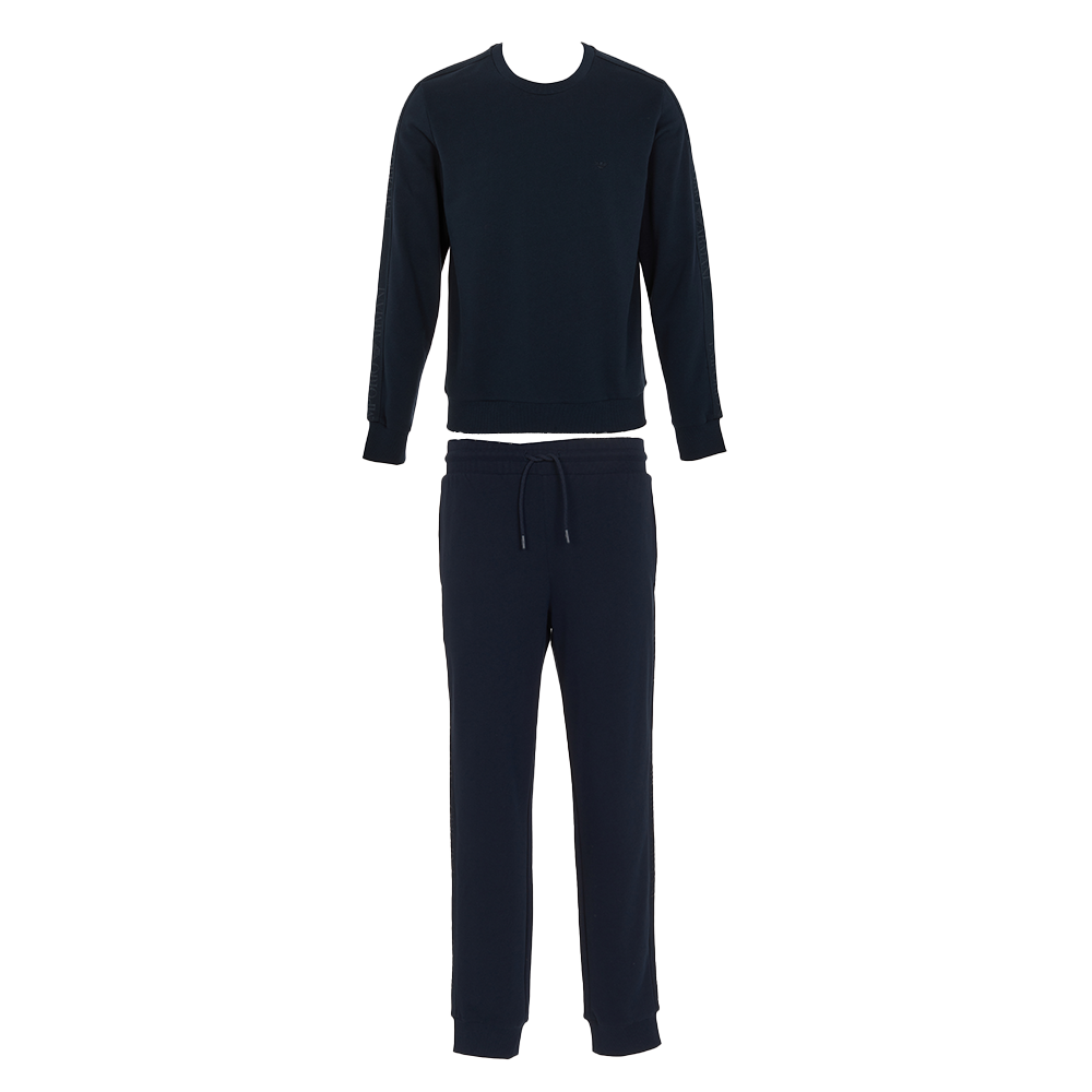 Navy blue sweatshirt and jogger pants set on a white background