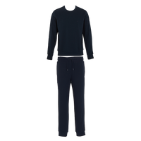 Navy blue sweatshirt and jogger pants set on a white background