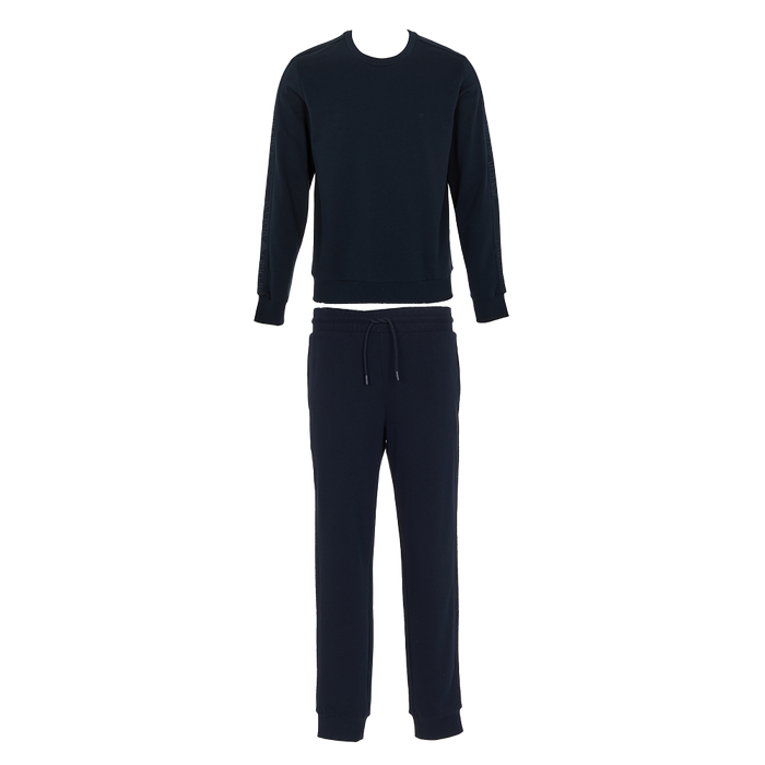 Navy blue sweatshirt and jogger pants set on a white background