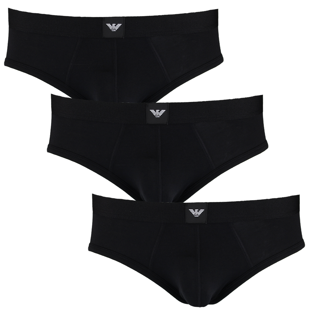 Three black Emporio Armani briefs with a brand logo on a white background