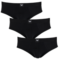 Three black Emporio Armani briefs with a brand logo on a white background