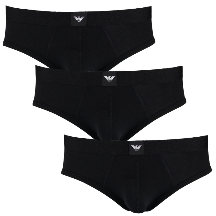 Three black Emporio Armani briefs with a brand logo on a white background