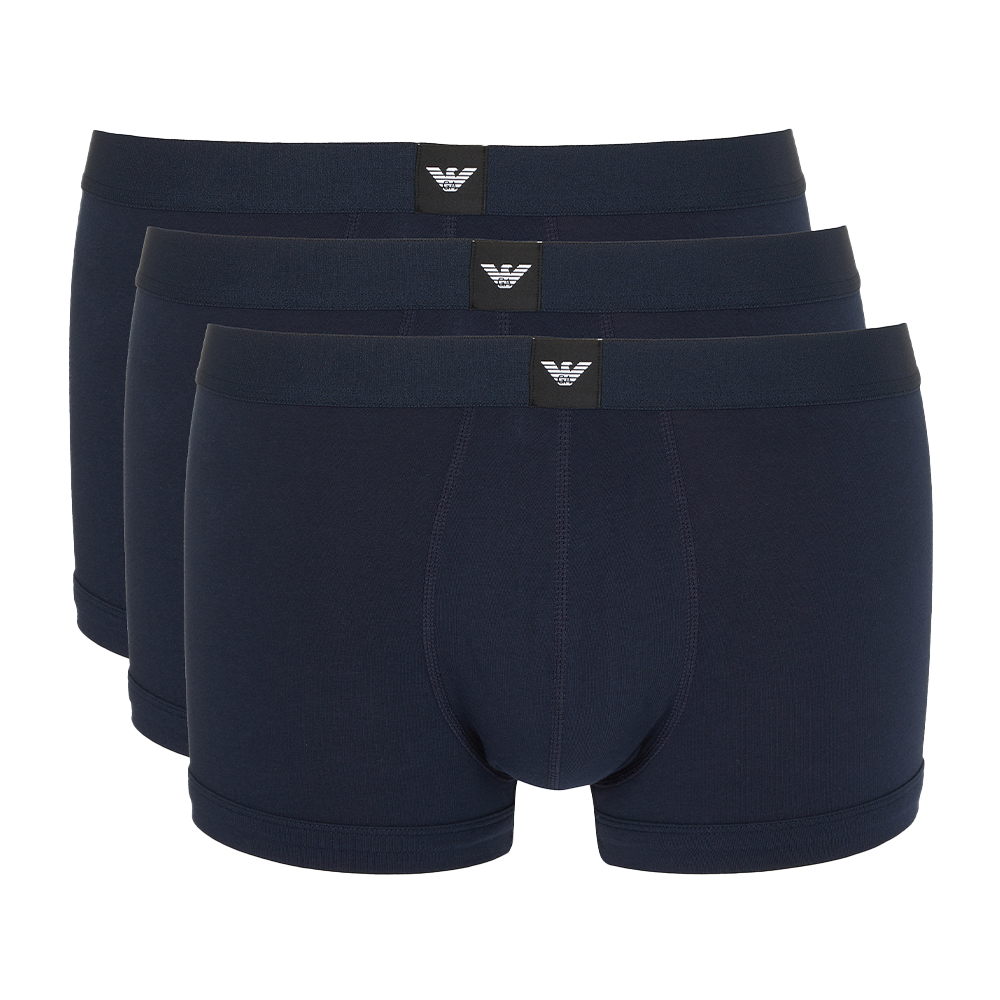 Three pairs of navy blue boxer briefs with Armani brand logos on a white background