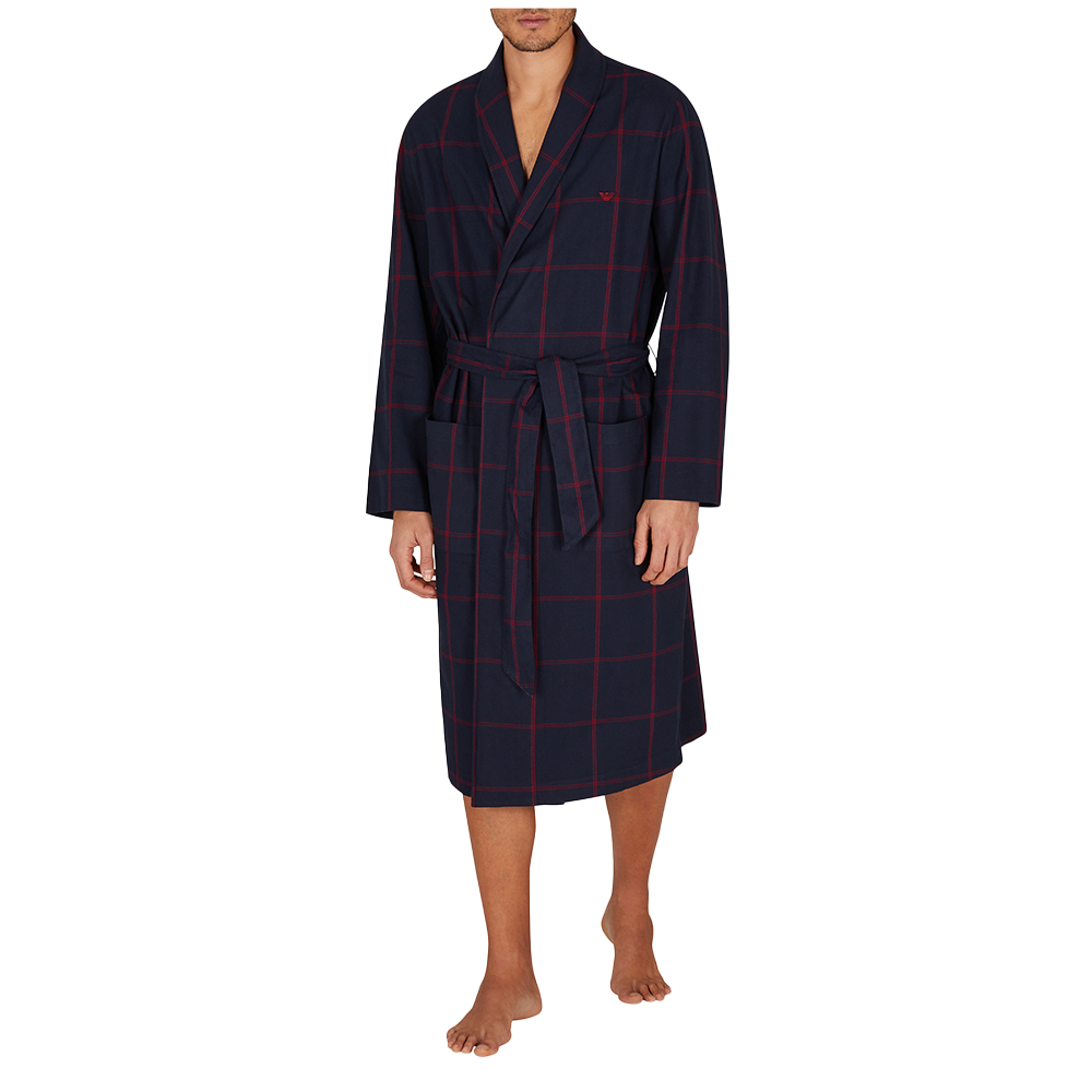 Navy checkered robe worn by a person on a white background