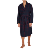 Navy checkered robe worn by a person on a white background