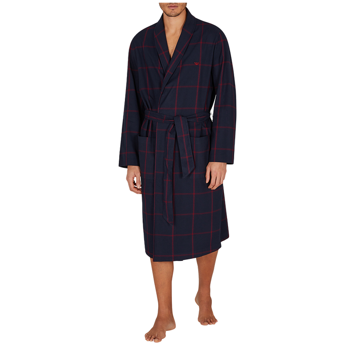 Navy checkered robe worn by a person on a white background