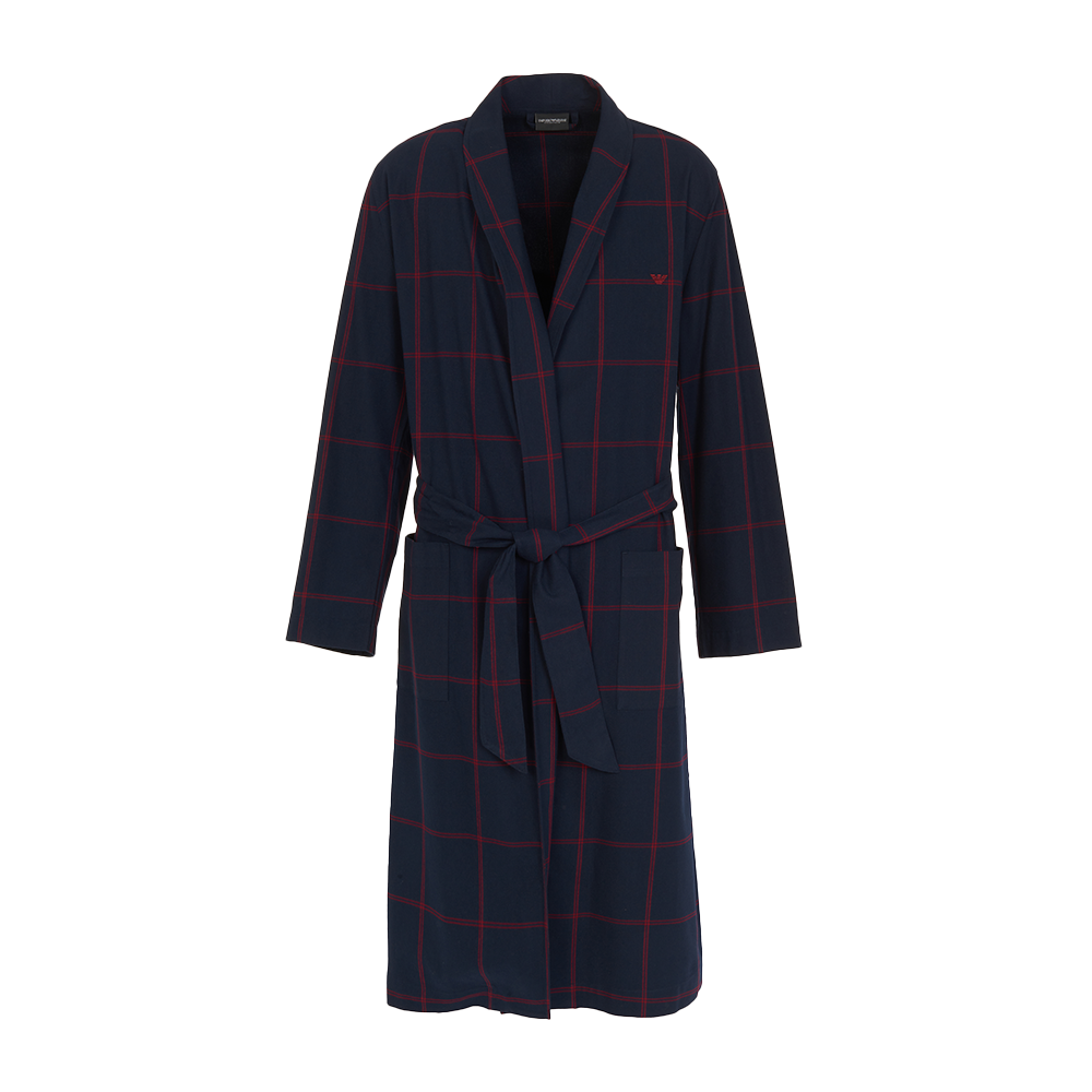 Navy blue robe with red plaid pattern on a white background
