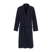 Navy blue robe with red plaid pattern on a white background