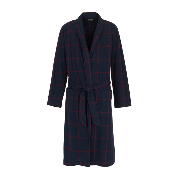 Navy blue robe with red plaid pattern on a white background