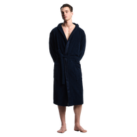Man wearing a navy blue robe on a white background
