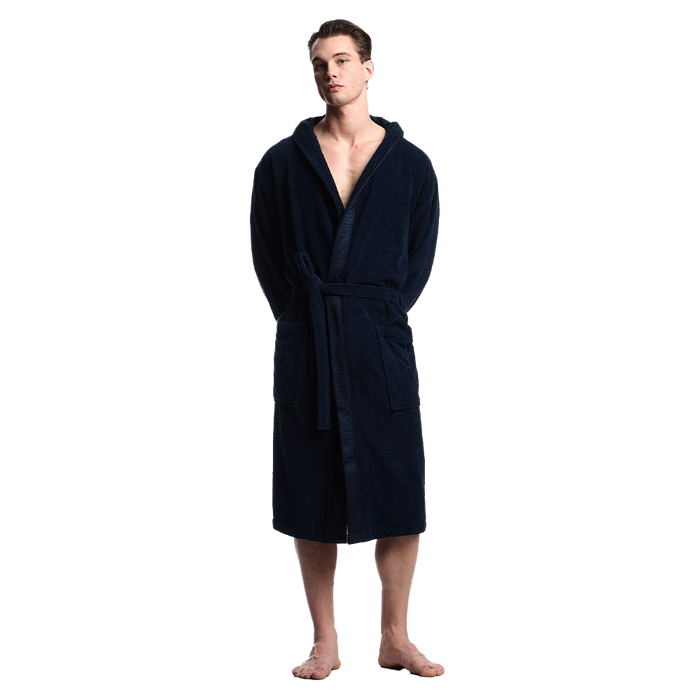 Man wearing a navy blue robe on a white background