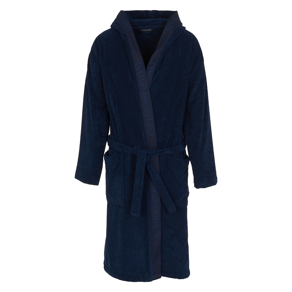 Navy blue robe with a hood on a white background