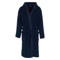 Navy blue robe with a hood on a white background
