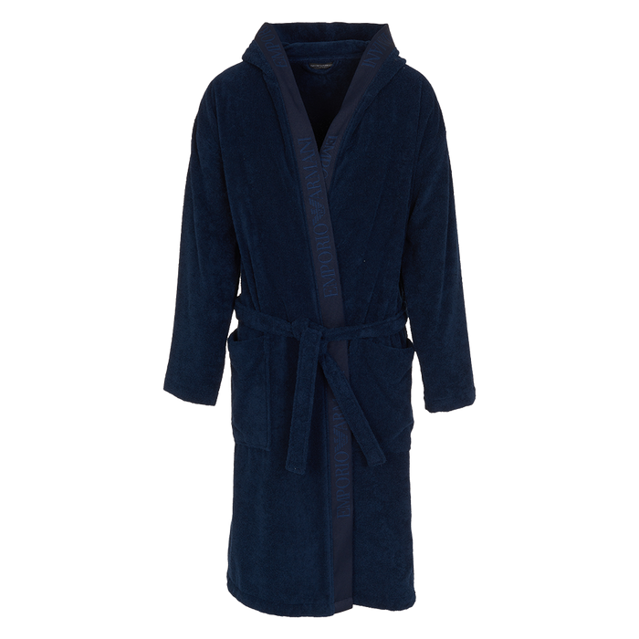 Navy blue robe with a hood on a white background