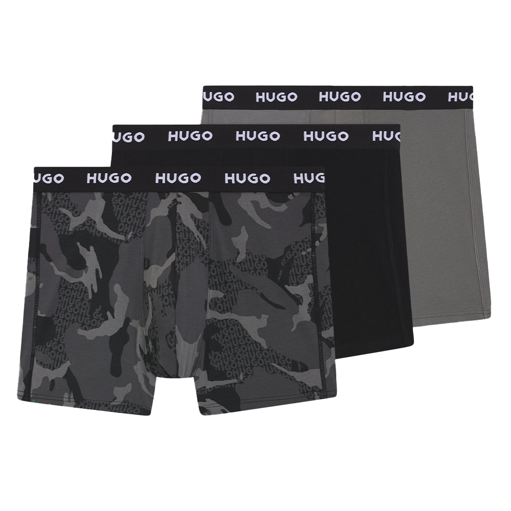 Three pairs of hug boxer briefs, camo, black and grey.