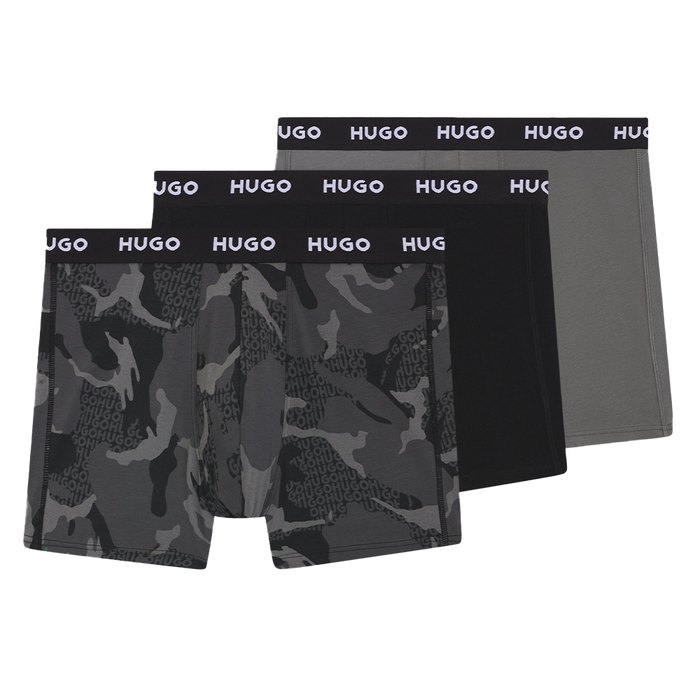 Three pairs of hug boxer briefs, camo, black and grey.