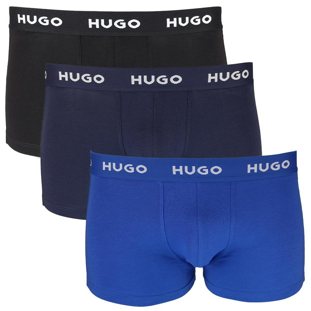 Three pairs of HUGO boxer trunks black and blue with white branding