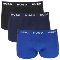 Three pairs of HUGO boxer trunks black and blue with white branding