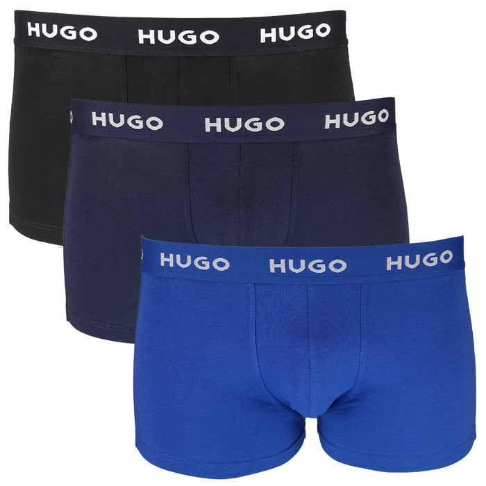 Three pairs of HUGO boxer trunks black and blue with white branding