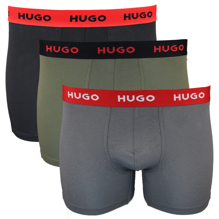 Three pairs of Hugo boxer briefs with different waistband colors on a white background.
