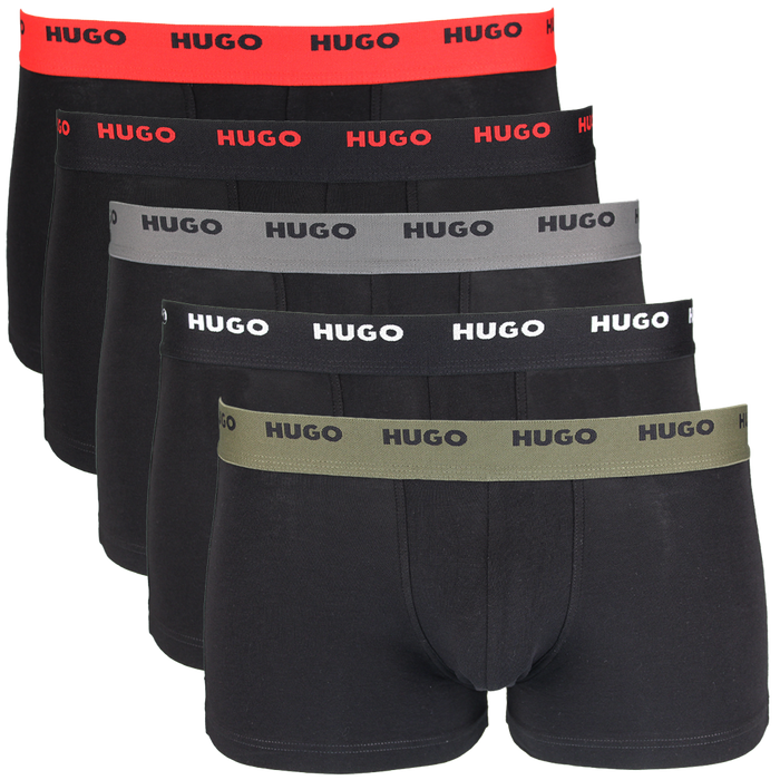 5 black HUGO boxer trunks with coloured waistbands