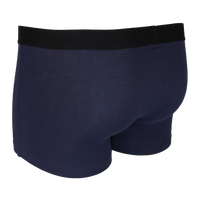 Navy blue boxer trunks with a black waistband on a white background