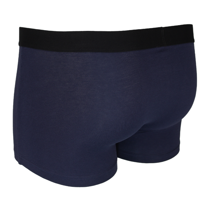 Navy blue boxer trunks with a black waistband on a white background