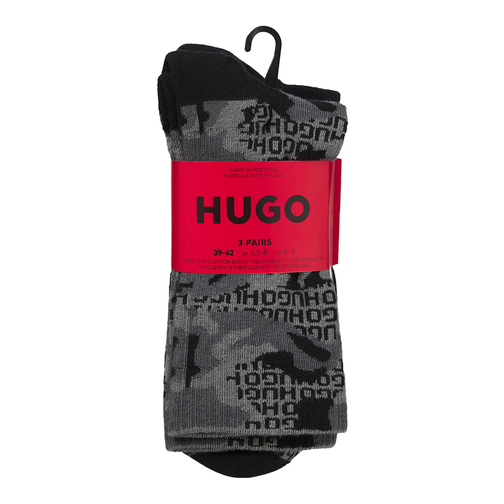 Pack of gray camouflage socks with a red HUGO label on a white background