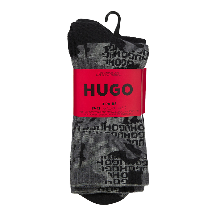 Pack of gray camouflage socks with a red HUGO label on a white background