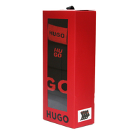 Red HUGO box with clear window on a white background