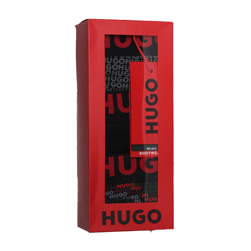 Red HUGO box with black text on a white background