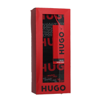 Red HUGO box with black text on a white background
