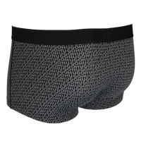 Back of boxer trunks with all over logo print