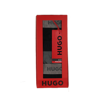 Red HUGO boxers packaging with gray boxer briefs inside on a white background